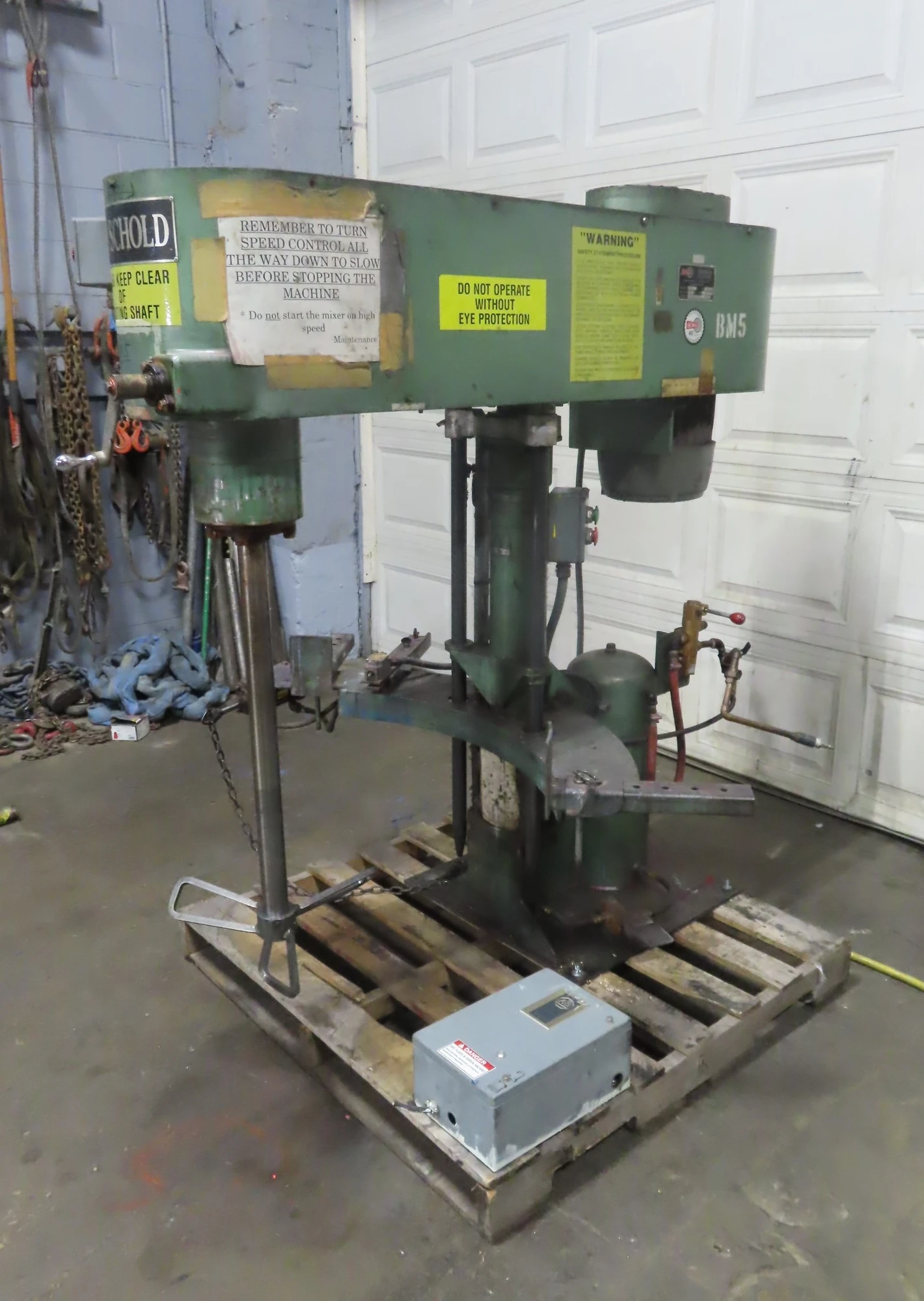 used 10 hp Schold Bow-tie Mixer, air over oil lift, variable speed