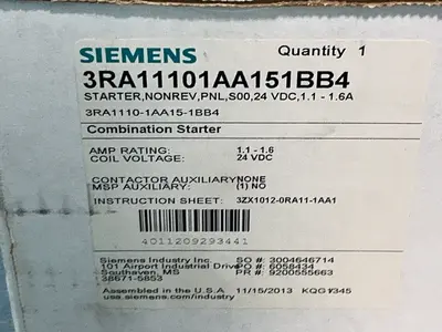 New | in-Stock SIEMENS 3RA11101AA151BB4 Starters Ohio US | HGR 24 #1312278