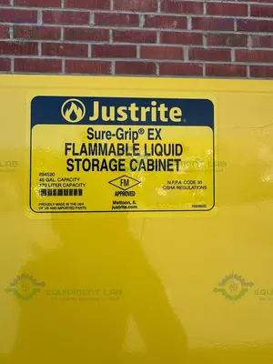 USED JUSTRITE 45 GALLON FLAMMABLE LIQUID STORAGE CABINET W/ SOFT CLOSE DOORS, KEY