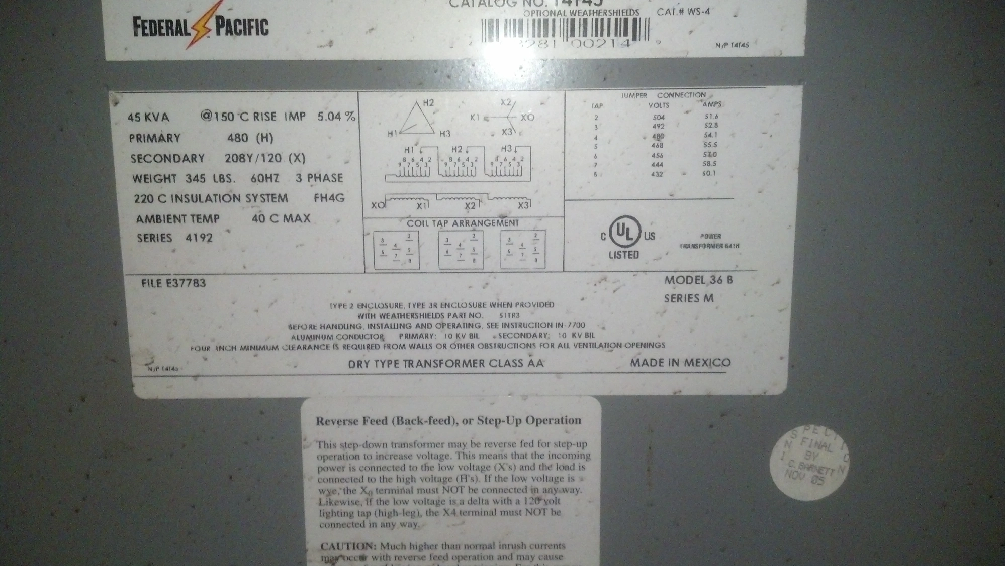 USED FEDERAL PACIFIC 45 KVA