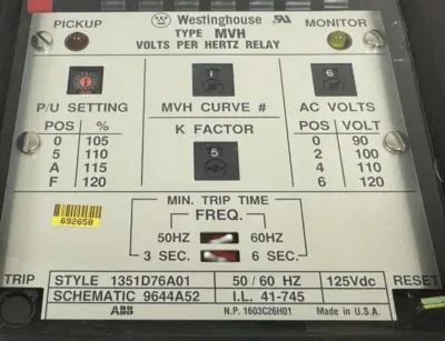 NEW WESTINGHOUSE 1351D76A01 VOLTS PER HERTZ RELAY TYPE: MVH 125VDC