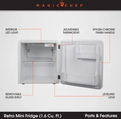 Magic Chef 1.6 CU. FT. RETRO MINI REFRIGERATOR IN WHITE, WITHOUT FREEZER