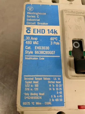 WESTINGHOUSE 30 AMP CIRCUIT BREAKER 3 POLE 480 VAC EHD14k 4E