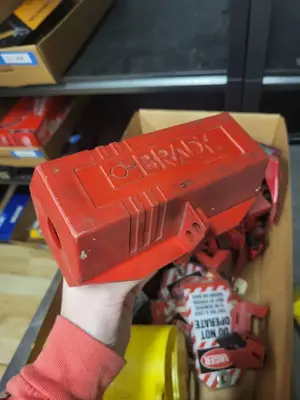 Large Lot of Electrical Lockout Tagout Devices with Tags and Padlock