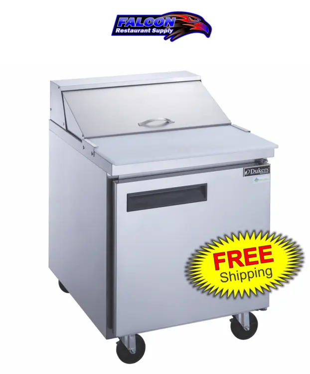 New | in-Stock Dukers New Dukers DSP29-8-S1 1-Door Commercial Food Prep Table Refrigerated in Stainless Steel Food Prep Tables Illinois US | Falcon Restaurant Supply #1376251