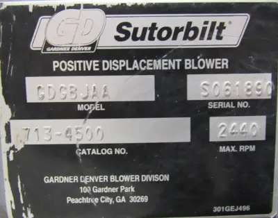 USED GARNER DENVER SUTORBILT 713-4500 POSITIVE DISPLACEMENT BLOWER GDGBJAA