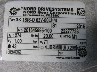 Nord SK 1SIS-D 63V-80LH/4 20:1 87RPM 230/460V 50/60Hz LH Gear Motor