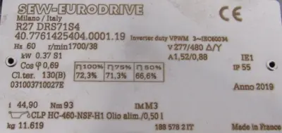 NEW SEW EURODRIVE R27 DRS71S4 GEARMOTOR 22.32 277/480V R27DRS71S4