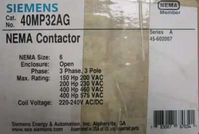 NEW SIEMENS 40MP32AG CONTACTOR 3-POLE 3-PHASE SIZE-6