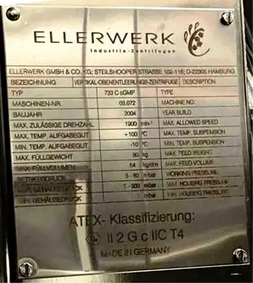 Ellerwerk 734 C cGMP perforate basket centrifuge, 316SS.