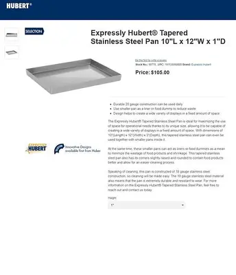 Hubert® S/S Seafood, Meat, Deli Pan 10"L x 12"W x 1"D
