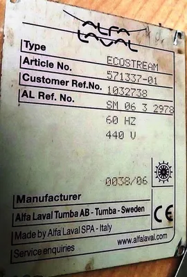 Alfa-Laval BWPX 307 TGD-71 oil concentrator module, SS.
