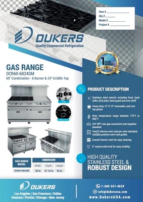 New | in-Stock Dukers New Dukers DCR60-6B24GM 60" Gas Range with Six (6) Open Burners & 24" Flat Top Griddle Commercial Ranges Illinois US | Falcon Restaurant Supply #1376298