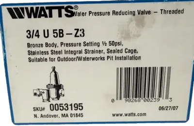 NEW WATTS U5B-Z3-3/4 WATER PRESSURE REDUCING VALVE U5BZ3 3/4"