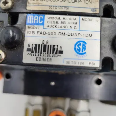USED MAC TWO 92B-FAB-000-DM-DDAP-1DM MOUNTED ON TWO VALVES 92B-000-BJA WITH MUFFLERS & WIRING