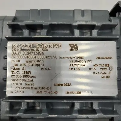 USED SEW EURODRIVE SEW EURODRIVE 3/4" BORE GEAR BOX SA37 DRN71MS4 87.8030946304.0003X21.90 & MOTOR