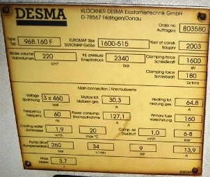 180 Ton/220cc Desma Injection Press, Item # 1321B