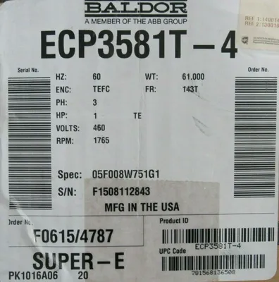 NEW BALDOR ECP3581T-4 MOTOR 1HP 460V 1765RPM 7/8" DIA.