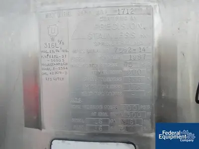 USED Precision 175 Liter Precision Reactor, 316L S/S, 45/100#
