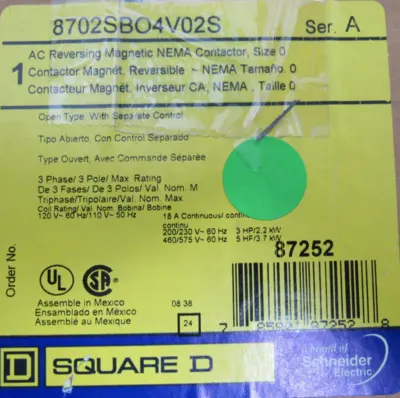 NEW SQUARE D 8702SBO4V02S REVERSING CONTACTOR SIZE 0 SER. A