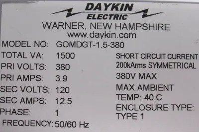 NEW DAYKIN GOMDGT-1.5-380 TRANSFORMER DKN200A TF1500N-4639 PRI.380V SEC.120V