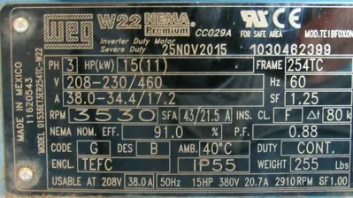 NEW WEG 01536ET3ER254TC-W22 MOTOR 15HP 208-230/460V 3530RPM 254TC 1-5/8" DIA.