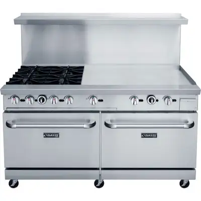 New | in-Stock Dukers New Dukers DCR60-4B36GM 60" Gas Range with Four (4) Open Burners & 36" Flat Top Griddle Commercial Ranges Illinois US | Falcon Restaurant Supply #1376264