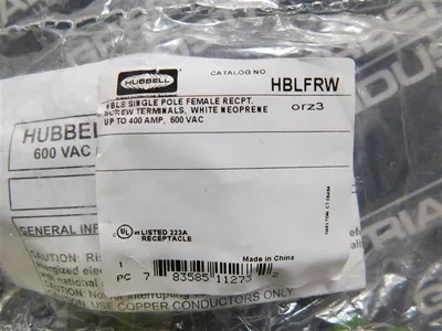 Hubbell HBLFRW Single Pole Female Recpt. Screw Terminals White 400A 600VAC New