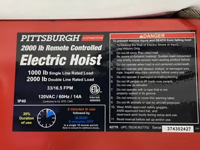 | Pittsburgh 2000 lb Remote Controlled Electric Hoist - For parts or not working