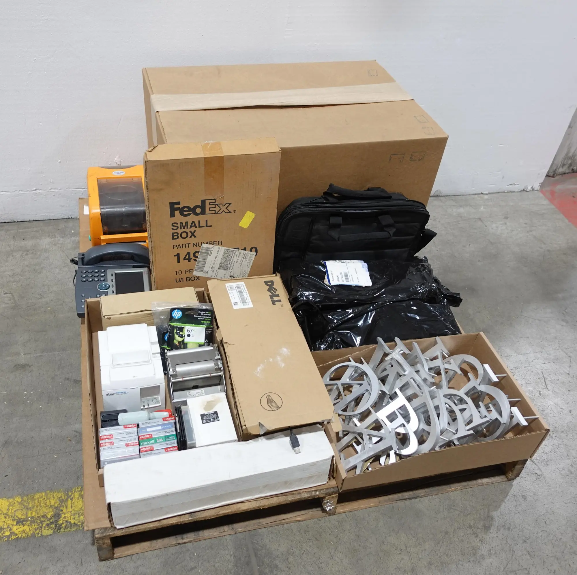 PALLET OF ASSORTED OFFICE SUPPLIES, TONER, LABEL PRINTERS, PACKAGING MACHINE, PHONE, SIGNAGE