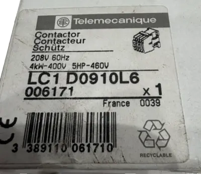 NEW TELEMECANIQUE LC1D0910L6 CONTACTOR 208V 60HZ LC1D0910