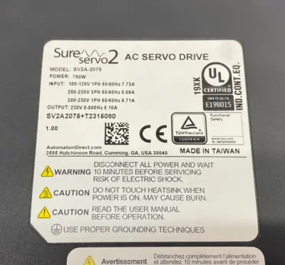 USED AUTOMATION DIRECT SURESERVO2 SERVO DRIVE 1 & 3 PHASE 750W