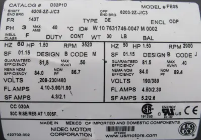 NEW NIDEC D32P1D MOTOR 1.5HP 208-230/460V 3520RPM FE08 143T