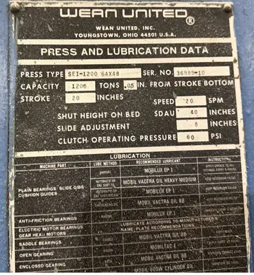 1978 WEAN UNITED SE1-1200-60-48 Straight Side Single Crank Press | Universal Press & Machinery (UPM) (2)