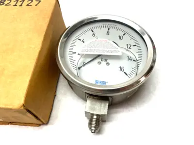 USED WIKA PRESSURE GAUGE: 4" DIAL, 0 TO 16 PSI, 1/4" THREAD, BSPP, BTM MOUN