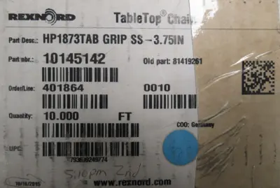 NEW REXNORD 10145142 TABLE TOP CONVEYOR CHAIN HP1873TAB GRIP SS-3.75IN