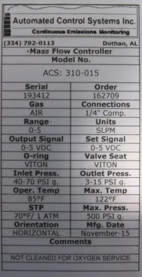 NEW AUTOMATED CONTROL SYSTEMS 310-015 MASS FLOW CONTROLLER 310015