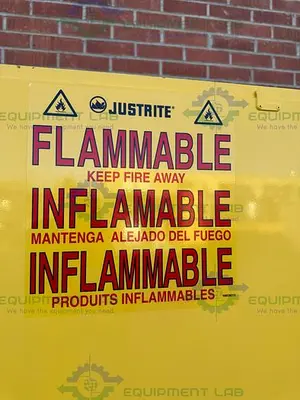 USED JUSTRITE 45 GALLON FLAMMABLE LIQUID STORAGE CABINET W/ SHELVES, KEY
