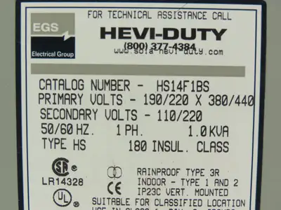 EGS Hevi-Duty HS14F1BS Transformer 1KVA HV: 190/220V x 380/440V LV: 110/220V 1PH
