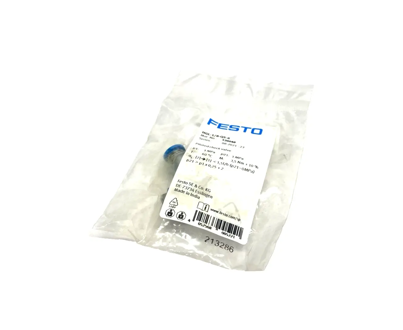 530040, HGL-1/8-QS-6 | Festo HGL-1/8-QS-6 Piloted Non-Return Valve G1/8 0.5 Bar - 10 Bar 530040 - New