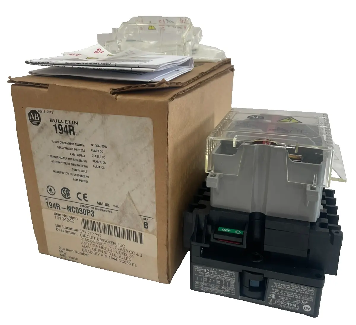 ALLEN BRADLEY 194R-NC030P3 DISCONNECT SWITCH 3P 30A 600V 194RNC030P3 NEW,SURPLUS