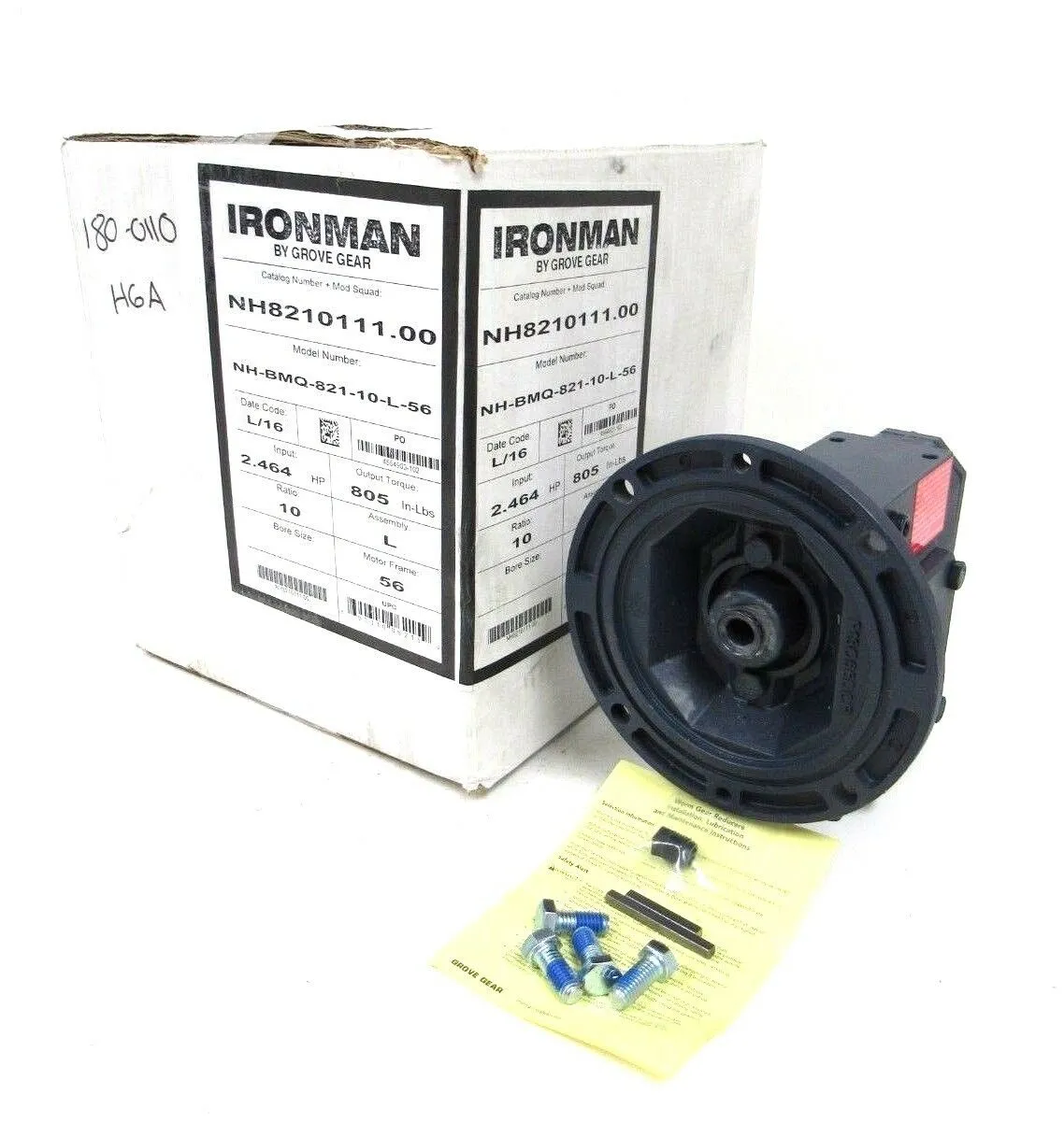 NEW GROVE GEAR NH8210111.00 GEAR REDUCER RATIO 10:1 2.464 HP NH-BMQ-821-10-L-56