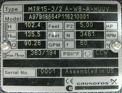 NEW GRUNDFOS MTR15-3/2 PUMP 5HP 97918664 MTR1532 A-WB-A-HUUV