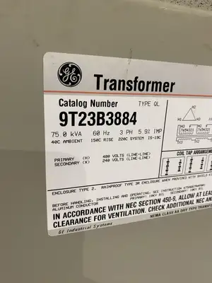 9T23B3884 | GE  75.0 kVA 60Hz 3 PH 5.9%  IMP  Step Down Transformer 480/240V - Used