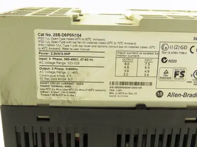 Allen Bradley 25B-D6P0N104 Powerflex 525 3Hp VFD AC Drive 480V 50/60Hz FRN 1.003