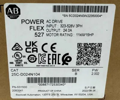 NEW ALLEN BRADLEY 25C-D024N104 POWERFLEX 527 SER. B 15HP F/W: 2.002