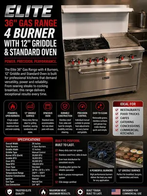 Elite Gas 4 Burner 36" Range with 12" Griddle and Standard Oven