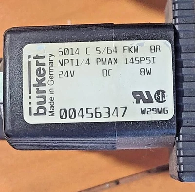Burkert 6014-C-5/64-FKM-BR General Purpose 1/4" Valve 1/4"  145 PSI 24V Swagelok