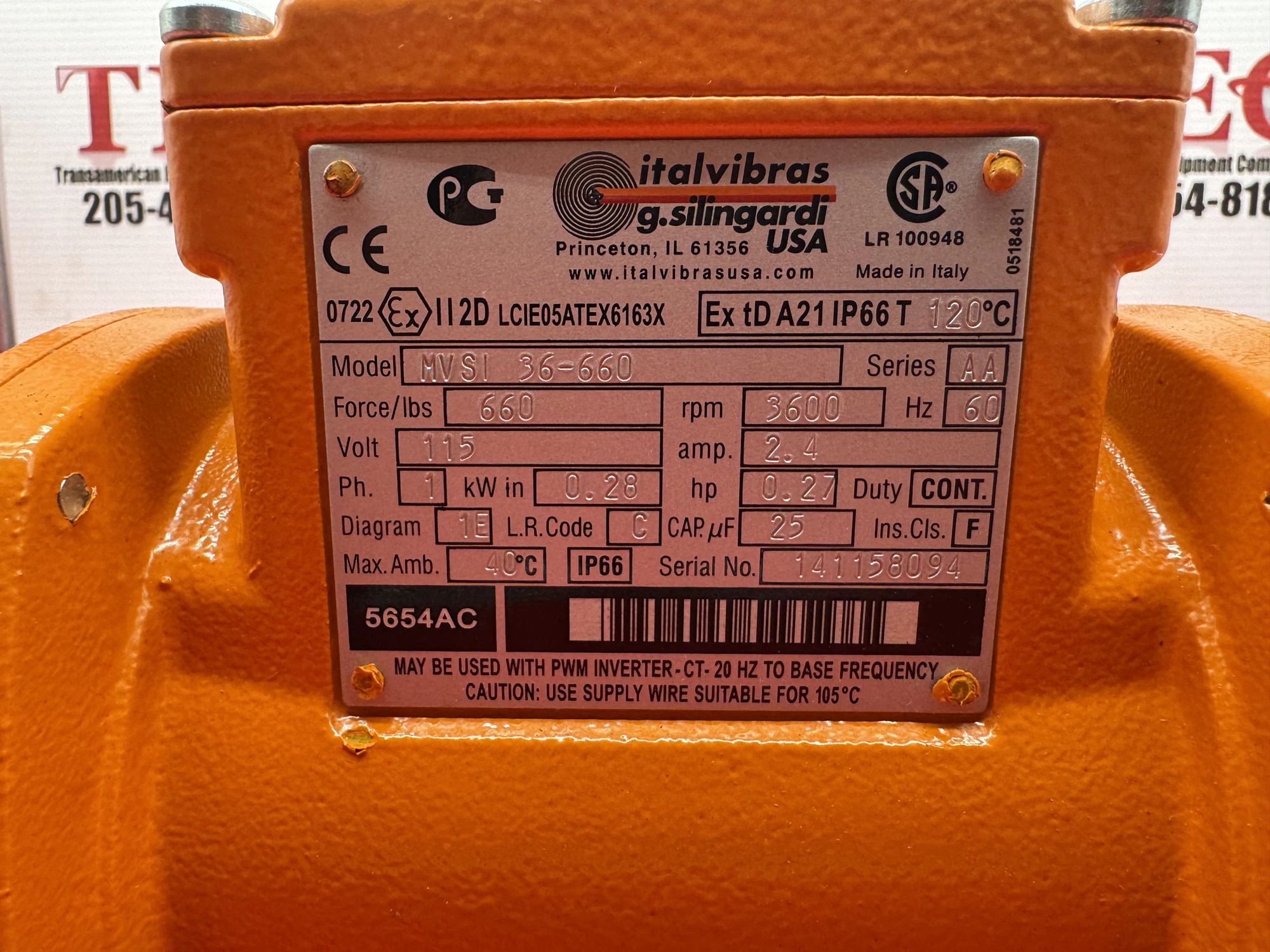 Italvibras MVSI 36-660 115V 1Ph 2.4Amp Hz60  Series AA Vibrator