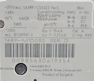 Allen Bradley 1489-M1D30 Ser D. Circuit Breaker. 4E-21